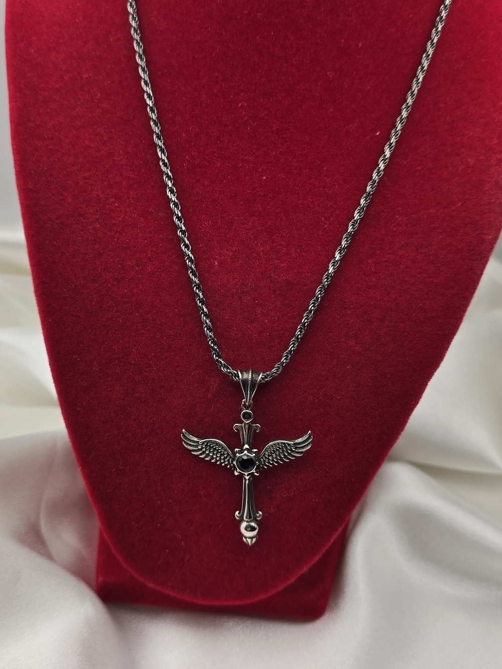 Winged Cross Pendant Necklace Sterling Silver 925